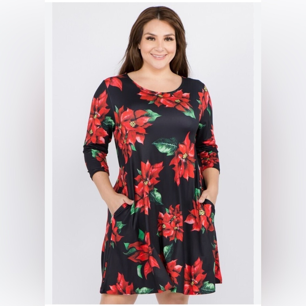 CHRISTMAS POINSETTIA FLOWER PRINT DRESS WITH POCKETS SIZE L
